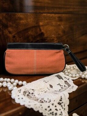 Victoria's Secret 2009 Burnt Orange Textured Linen Canvas Clutch Wristlet